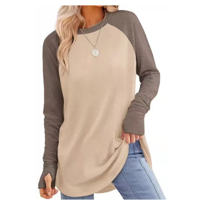 ✨Bestseller-50% RABATT💐Legeres Damen-Langarmshirt mit Rundhalsausschnitt, Daumenlöchern und abgerundetem Saum