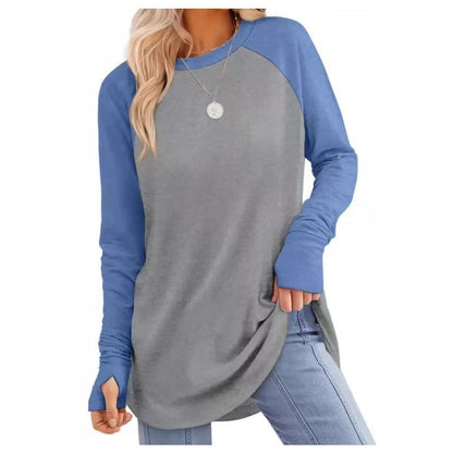 ✨Bestseller-50% RABATT💐Legeres Damen-Langarmshirt mit Rundhalsausschnitt, Daumenlöchern und abgerundetem Saum