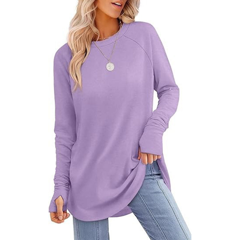 ✨Bestseller-50% RABATT💐Legeres Damen-Langarmshirt mit Rundhalsausschnitt, Daumenlöchern und abgerundetem Saum