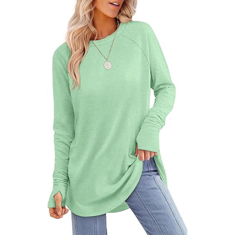 ✨Bestseller-50% RABATT💐Legeres Damen-Langarmshirt mit Rundhalsausschnitt, Daumenlöchern und abgerundetem Saum
