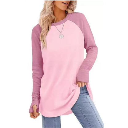 ✨Bestseller-50% RABATT💐Legeres Damen-Langarmshirt mit Rundhalsausschnitt, Daumenlöchern und abgerundetem Saum