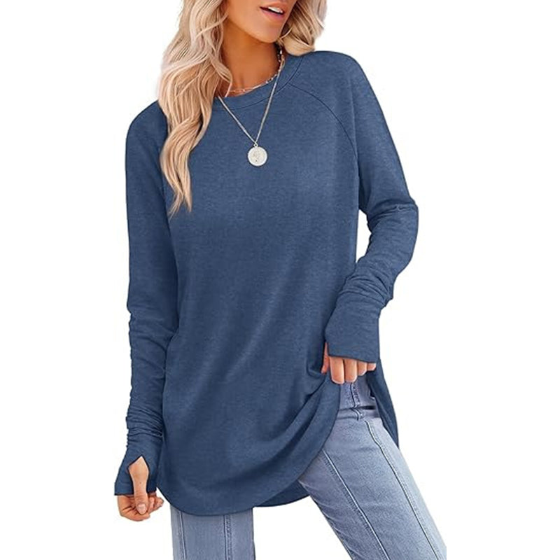 ✨Bestseller-50% RABATT💐Legeres Damen-Langarmshirt mit Rundhalsausschnitt, Daumenlöchern und abgerundetem Saum
