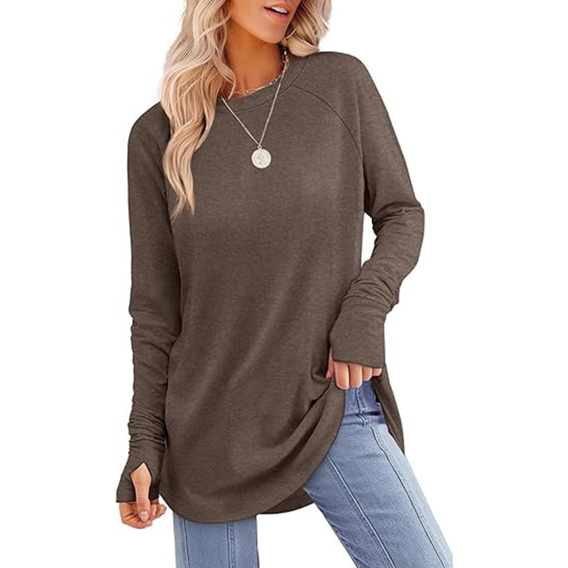 ✨Bestseller-50% RABATT💐Legeres Damen-Langarmshirt mit Rundhalsausschnitt, Daumenlöchern und abgerundetem Saum