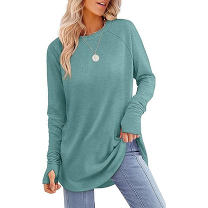✨Bestseller-50% RABATT💐Legeres Damen-Langarmshirt mit Rundhalsausschnitt, Daumenlöchern und abgerundetem Saum
