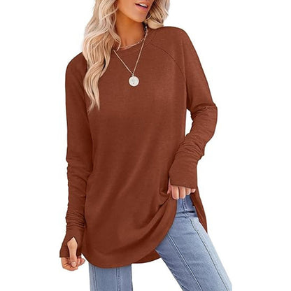 ✨Bestseller-50% RABATT💐Legeres Damen-Langarmshirt mit Rundhalsausschnitt, Daumenlöchern und abgerundetem Saum