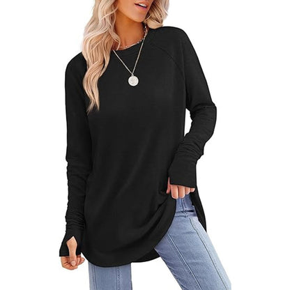✨Bestseller-50% RABATT💐Legeres Damen-Langarmshirt mit Rundhalsausschnitt, Daumenlöchern und abgerundetem Saum