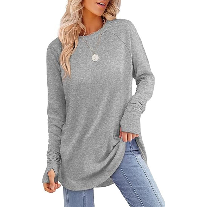 ✨Bestseller-50% RABATT💐Legeres Damen-Langarmshirt mit Rundhalsausschnitt, Daumenlöchern und abgerundetem Saum